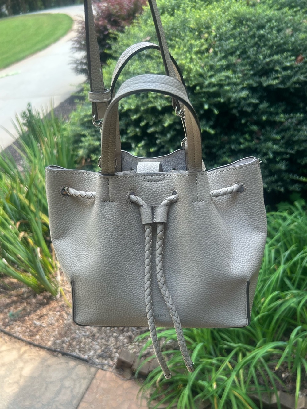 Anne Klein Taupe Pebbled Bucket Bag Braided Drawstring Crossbody Satchel